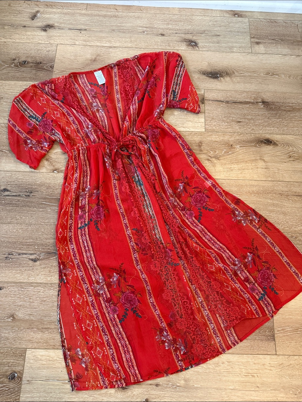 Time and Tru Red Floral Tie-Front Kimono